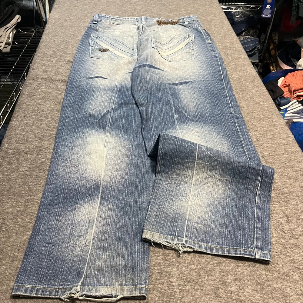 Akademiks Baggy Wide Leg Jeans 36x31 Faded Blue Y2K Streetwear Skater Denim